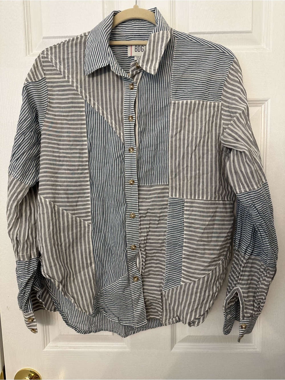 BDG Urban Outfitters Patchwork Striped Button Down Shirt Blue White XS TP